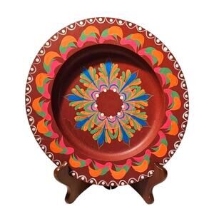Vintage Red and Multi Colored Wooden Folk Art Wood Plate Hand Painted